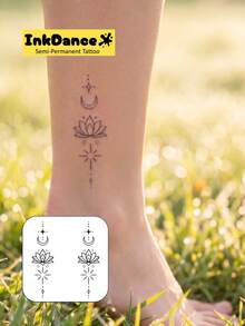1 Kit "Lotus Moon" New Technology Tattoo Sticker, Semi-Permanent, Spiritual, Fine-Line, Dainty, Temporary Tattoo, Fake Tattoo, Waterproof & Long-Lasting Realistic Design, Plant-Based Formula, InkDance, Ink Dance, Gift MNF006 - Black - View 2
