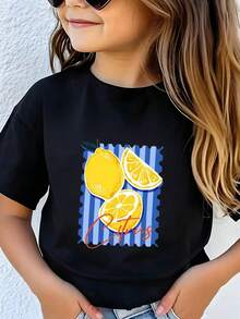 Tween Girl Lemon Pattern Blue Striped Border And "Citrus" Text Print T-Shirt - Black - View 2