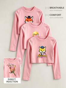 3pcs Tween Girl Light Pink Cropped Long Sleeve Tops DTG Print Hat Fox Lunar Fox Bonjour Tea Fox Dancing Deer Cotton Set - Pink + Pink + Pink - View 1