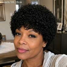 AMECIRE Curly Wig Pixie Cut Wig Hair Wigs Women's Short Hair Wig With Wigs Human Hair Put On And Go Bangs Elastic Mesh Cap Suitable For All People - Natural Black - View 5