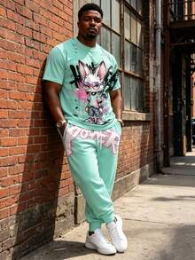 Plus Size Men's 2-Piece Set, Men's Long Pants, Graphic T-Shirt, Streetwear Series "Cool Rabbit With Glasses Graffiti POWER Print" Pattern Set - Polyester Fabric, Drawstring, Pockets, Suitable For Plus Size - Mint Green - View 1