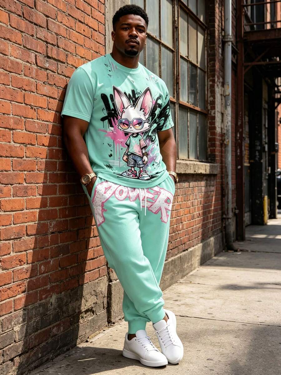 Plus Size Men's 2-Piece Set, Men's Long Pants, Graphic T-Shirt, Streetwear Series "Cool Rabbit With Glasses Graffiti POWER Print" Pattern Set - Polyester Fabric, Drawstring, Pockets, Suitable For Plus Size - Mint Green - View 1