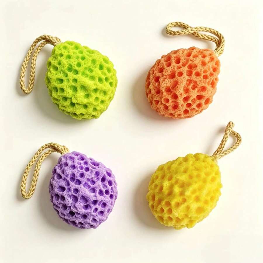 4 Packs Honeycomb Bath Sponge Set With Hanging Rope, Soft Exfoliating Body Shower Scrubber Ball, Reusable Bathroom Cleansing Tool, Includes Green, Orange, Purple, Yellow - A - View 1
