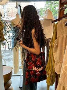 French-Inspired South Seas-Style Canvas Bag With Vintage Red Roses, Shoulder Strap, Large Capacity Perfect For Daily Commuting And Business Use - Rose Red - View 7