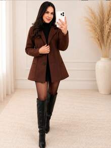 Women's Warm Wool Blazer Coat Mid-Length Elegant Winter Jacket - 咖啡棕色 - 查看 2
