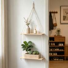 1 pieza Colgante de pared de macramé estilo bohemio, estantería decorativa de 2 niveles para almacenamiento de pared, tapiz decorativo para sala de estar, dormitorio, fondo de pared, estantería de almacenamiento con borlas, decoración de pared de arte de fibra, hecho a mano, tejido de encaje, tabla de madera de doble capa - Sin decoración - Beis - Ver 10
