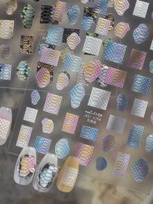 1 Sheet Of 3D Iridescent Rainbow Shell Pearlescent Macaron Gradient Snake Mermaid Scale Self-Adhesive Y2K Dopamine Nail Stickers For Summer Beach And Daily Use, DIY Nail Decorations For Women And Girls - Multicolor - View 6