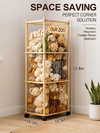 Stuffed Animal Storage, 3 Tier Large Natural Solid Wood Plush Toy Organizer, Vertical Space Saving, Corner Solution For Nursery Playroom Toddler Rooms Bedroom