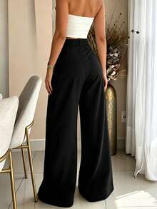 SUNSTORY Women's All-Season Solid Color High-Waist Wide-Leg Trousers, Featuring Pleated Waist And Draped Floor-Length Pants - Black - View 4