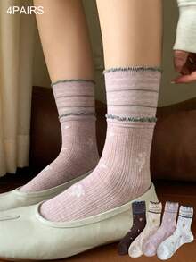 4 Pairs Women's Socks, Spring/Summer Comfortable Versatile Thin Style, Vintage Floral Double Ruffle Edge, Lightweight Breathable Versatile Slouchy College Style Mid-Calf Socks, Suitable For Students Daily Wear, Gatherings, Home Wear, Perfect Gift Choice - Multicolor - View 12