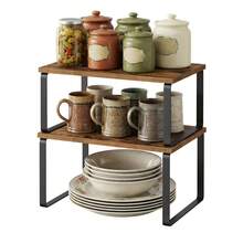 SONGMICS Set di 2 Scaffali da Cucina, Impilabili, per Armadietti da Cucina, Espandibile, Metallo e Legno, Marrone - Visualizzare 4