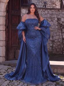 Elegant One-Shoulder Extra-Long Sleeve Mermaid Evening Gown With Cascading Ruffles And Sparkling Embellishments, Suitable For Gala, Wedding, Charity Ball - Navy Blue - View 4