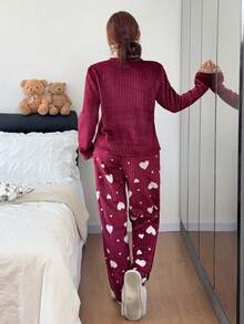 Dreamivo Flannel Heart-Shaped Long Sleeve Top And Pants Warm Pajama Set, Autumn/Winter Wear, Comfortable - Burgundy - View 5