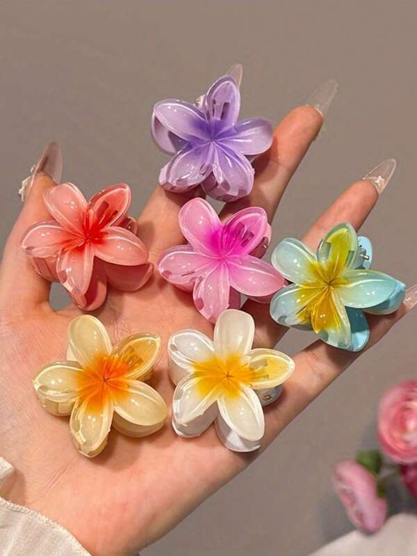 6pcs Small Plumeria Hair Clips, Multi-Color Summer Beach Vacation Women's Daily Wear Hair Accessories