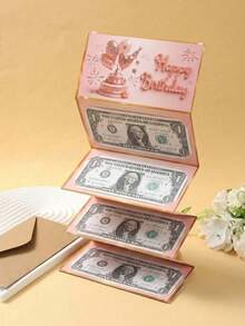 1 Set Pink "Happy Birthday" Foldable Money Card And Envelope, Pink Birthday Cake Pattern Foldable Money Card, Birthday Party Surprise Cash Gift, Anniversary Celebration Foldable Money Card - View 4