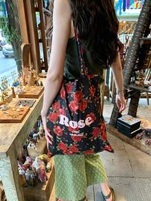 French-Inspired South Seas-Style Canvas Bag With Vintage Red Roses, Shoulder Strap, Large Capacity Perfect For Daily Commuting And Business Use - Rose Red - View 12