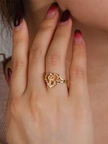 2pcs Hollow Heart Letter Rings, American Luxury Style Adjustable Versatile Stackable Accessories, Couple/BFF Matching Finger Rings - SJZ-086-c-n - View 4