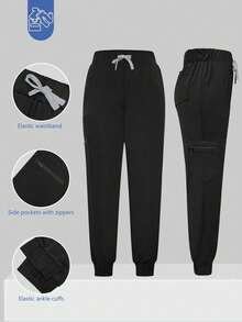 cimmuovere Pantalones de trabajo de cintura alta y ajuste delgado - Diseño de múltiples bolsillos - Pantalones delgados y transpirables - Bolsillos con cremallera lateral - Dobladillo elástico primavera negro - Negro - Ver 1