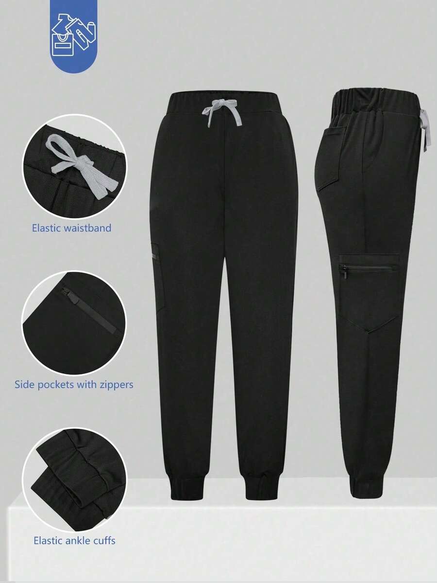 cimmuovere Pantalones de trabajo de cintura alta y ajuste delgado - Diseño de múltiples bolsillos - Pantalones delgados y transpirables - Bolsillos con cremallera lateral - Dobladillo elástico primavera negro - Negro - Ver 1