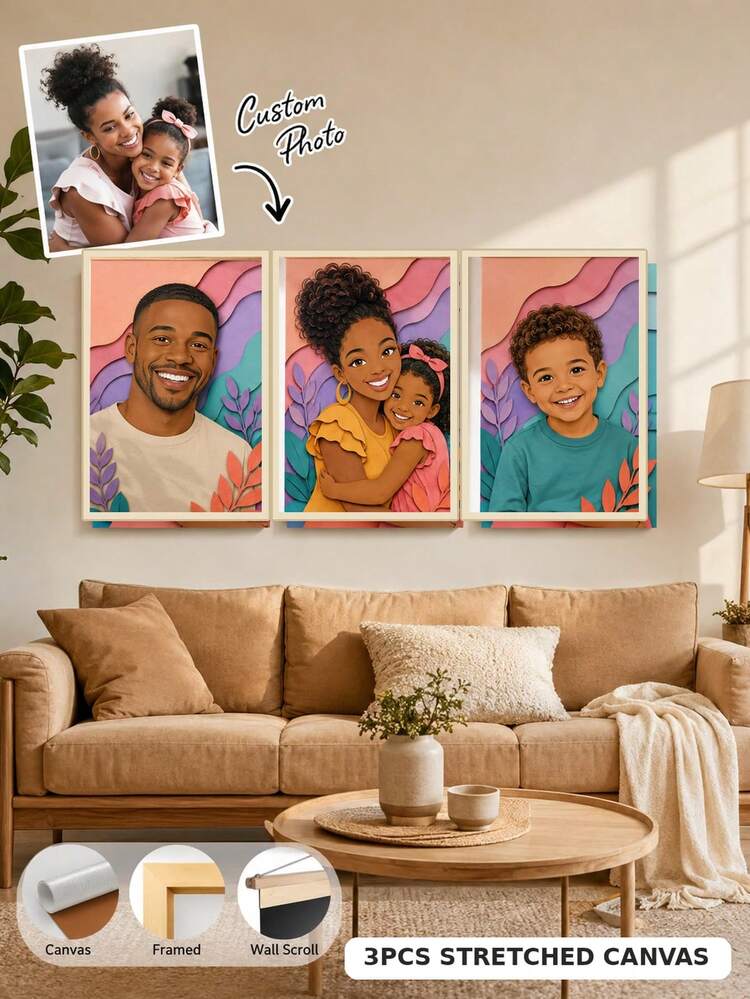 3-Piece Set Customized Photo Canvas Wall Art, Personalized Paper-Cut Style Family Portrait Print, Canvas Only, Natural Wood Stretched Frame Or Hanging Scroll, Matching Size Panels, Suitable For Living Room, Bedroom, Anniversary And Housewarming Gifts - Multicolor - View 2