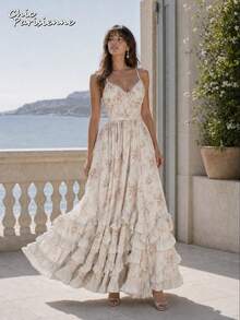 Ivory White Floral Chiffon V-Neck Open Back Tiered A-Line Maxi Dress - 米白 - 查看 4