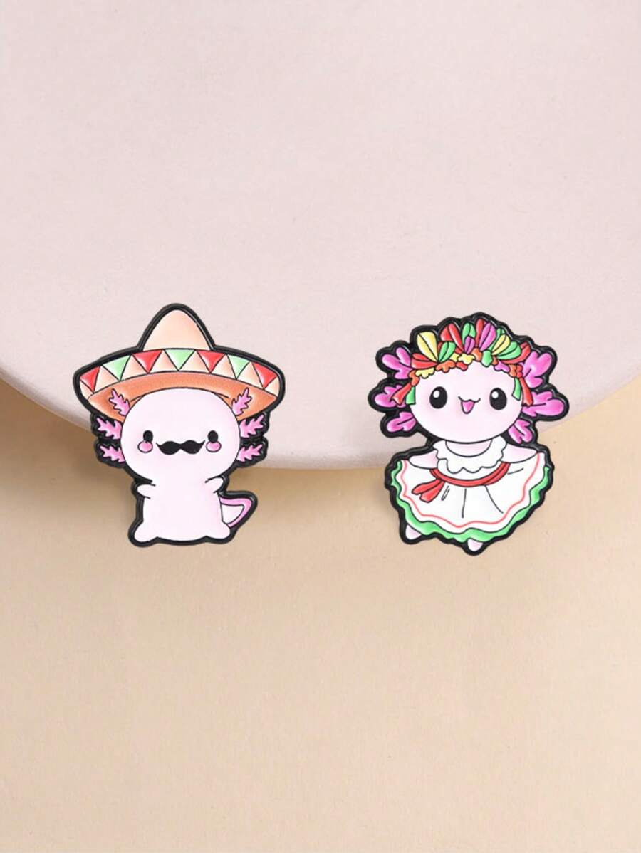 Pair Mexican Folk Axolotl Enamel Pin Traditional Sombrero Dance Skirt Cartoon Brooch Latin Style Backpack Decor Badge