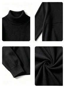Boys' Pure Black High Neck Sweater, Soft Warm Knitted Pullover - Black - View 5
