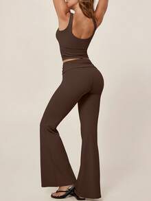 TimeOff 1 Conjunto de Mujer de unicolor con Camiseta sin Espalda con Cuello en V Desmontable con Acolchado y Pantalones Acampanados para Deporte - Marrón - Ver 10