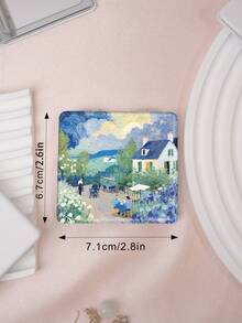 1 pieza Espejo de tocador portátil de la serie de pintura al óleo de paisaje, espejo de mano plegable ligero y ultrafino, cuero PU, adecuado para múltiples ocasiones y todas las personas, espejo cuadrado plegable para llevar - Multicolor - Ver 4