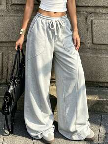 Women's Wide Leg Loose Fit Pants With Line Design, Elastic Waist, Dual Side Pockets, Straight Leg Sweatpants For Spring And Autumn Sports Fall - Grey - View 10