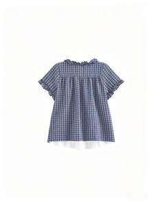 Blus Lengan Pendek 2 in 1 Gaya Jepang untuk Wanita, Musim Panas, Blus Kotak-kotak dengan Hiasan Renda, Melangsingkan, Atasan Gaya Preppy - Royal Blue - View 5