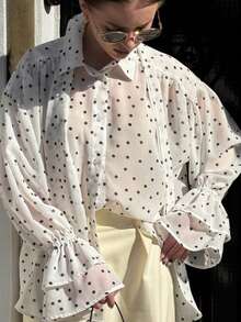 Women's Fashion Casual Sheer Polka Dot Shirt Collar Ruffle Sleeve Blouse - White - View 1