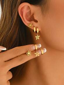 6pcs/Set Anting-Anting Stainless Steel Minimalis Mewah Bermotif Bunga Gaya Prancis untuk Wanita, Perhiasan Stud Kelas Atas, Serbaguna untuk Pesta - Warna-warni E - View 1