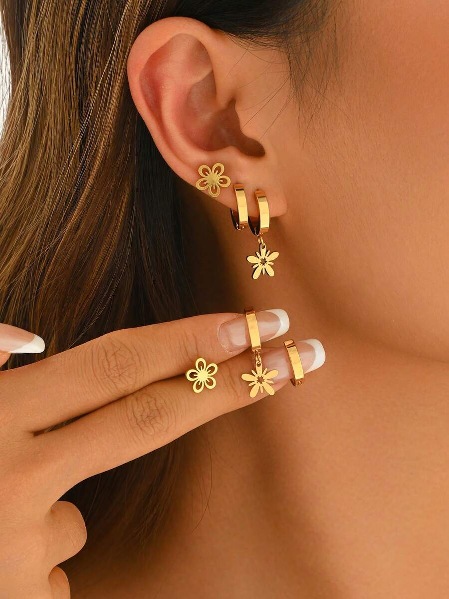 6pcs/Set Anting-Anting Stainless Steel Minimalis Mewah Bermotif Bunga Gaya Prancis untuk Wanita, Perhiasan Stud Kelas Atas, Serbaguna untuk Pesta - Warna-warni E - View 1