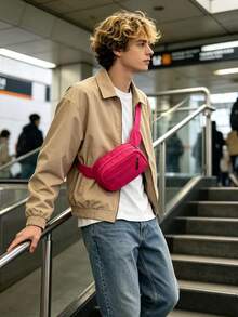 男士胸包休閒斜挎包輕量肩背包，適合旅行、運動與日常使用 - 玫紅色 - 查看 8