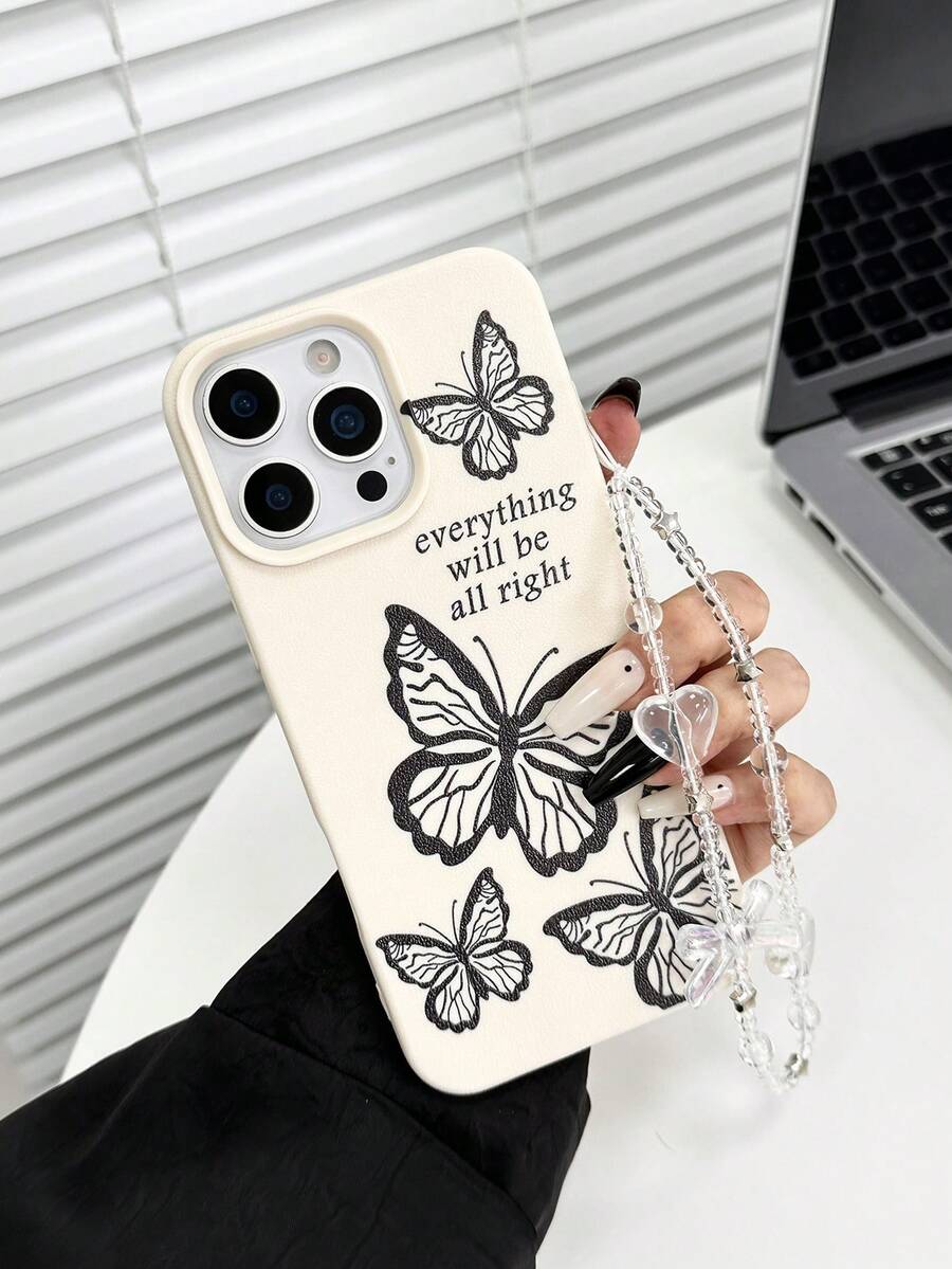 1pc White Lychee Texture Matte Minimalist Butterfly Painted Anti-Fall Phone Protective Case With Phone Lanyard Compatible With IPhone 17pro/17Air/17/17promax/16/11/16pro/16plus/16promax/16e/15Promax/13/14/12/XS/XR/7G/8P, Anti-Fall Phone Protective Case - Multicolor - View 1