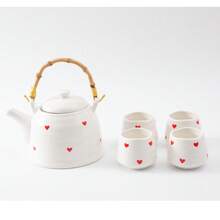 1 Set Cute Pink Heart Pattern Ceramic Tea Set, Vintage Wavy Porcelain Teaware, Includes Bamboo Woven Handle Teapot And 4 Striped Teacups, Portable Afternoon Tea Drinkware Set, Suitable For Home Kitchen, Wedding, Valentine's Day Gift - Multicolor - View 12