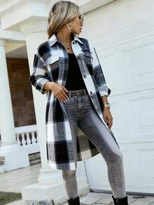 Long Plaid Shacket Women, Collared Button Down Oversized Long Flannel Coat For Women's Vacation, Concert, Birthday Daily Street Casual Outfits - Blue - View 1