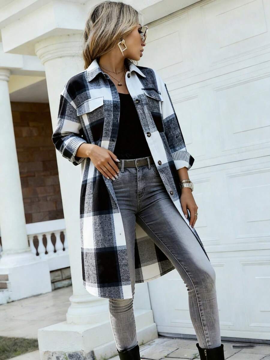 Long Plaid Shacket Women, Collared Button Down Oversized Long Flannel Coat For Women's Vacation, Concert, Birthday Daily Street Casual Outfits - Blue - View 1
