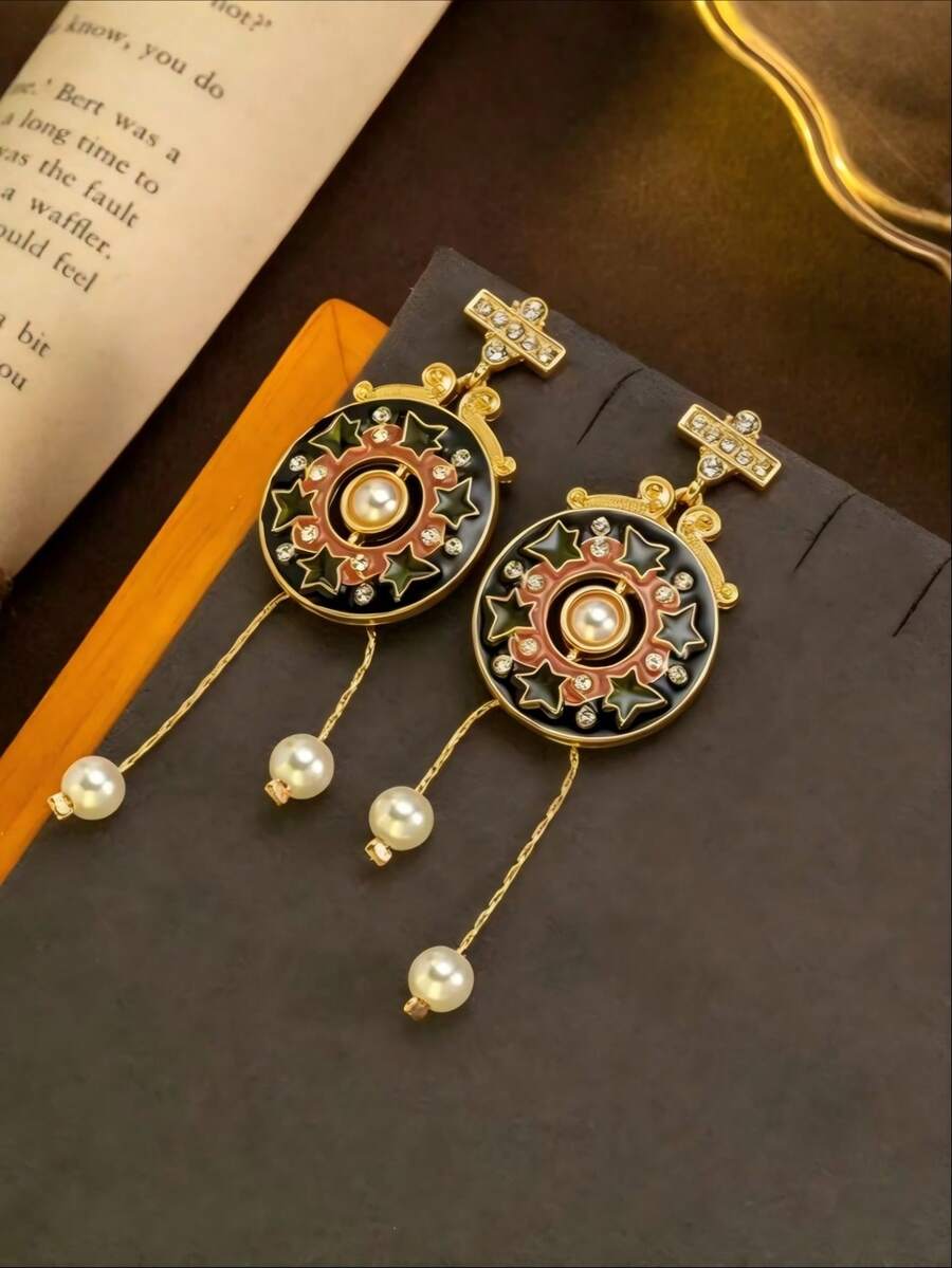 1對中式黑色琺瑯4股流蘇琵琶全鑲鑽吊墜耳環,度假飾品 - 圓形 - 查看 1
