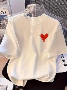 Heart Graphic Pure Cotton Tee For Ladies, Crew Neck Short Sleeve Daily Spring Summer Wear - 白色 - 查看 3
