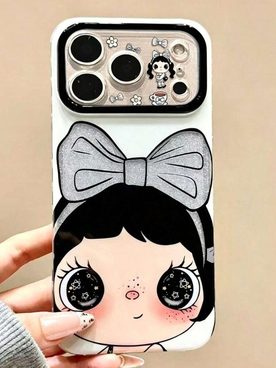 1pc Cute Doll Phone Case, High-Definition Printing Glitter Lens Frame + Big Bow Pattern, Scratch-Resistant Wear-Resistant Full Coverage Soft Shell, Compatible With Apple 17/16/15/14/13 Pro Max, Sweet Cute Style, Daily Anti-Drop Anti-Scratch Protection - Black and White - View 1