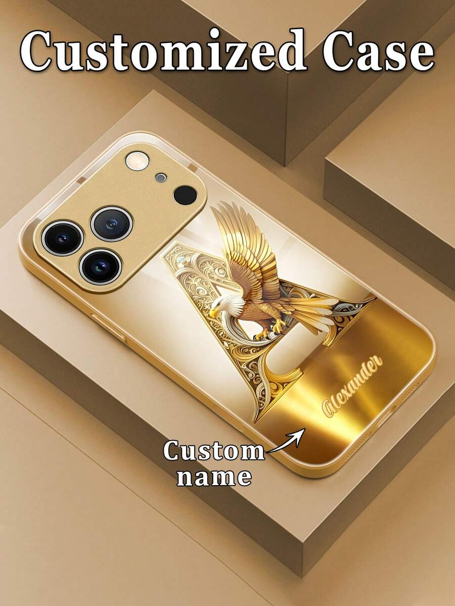1pc Customizable Luxury Gold Eagle Letter Pattern Phone Case, Tempered Glass + TPU Soft Edge Material, Suitable For Samsung S26Ultra/S25Plus/S24 Series And Apple 17ProMax/16ProMax/15Pro/14Plus/13Pro/12ProMax/11/XsMax/8/7/6Plus, Can Be Used As Birthday Gift, Gift For Girlfriend/Boyfriend Or Self-Use - Gold - View 1