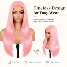 Wig Lace Depan Lurus Wanita 26 Inci, Wig Lace Serat Sintetis T-Part, Garis Rambut Alami yang Sudah Dicabut, Wig Serat Tahan Panas, Cocok untuk Penggunaan Sehari-hari dan Pesta - MultiWarna - View 4