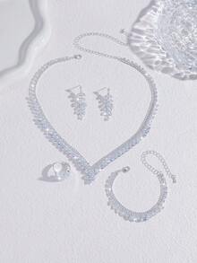 Conjunto de collar de lujo con forma de V y strass completo, collar de novia de boda de circonita + pendientes + anillo + pulsera, accesorios para vestido de banquete - Plateado - Ver 4