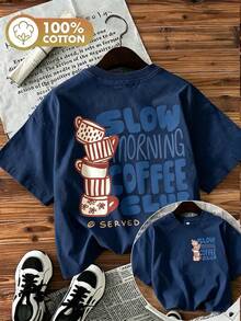 Women's Double-Sided Print Coffee Cup Tee, Hand-Painted Style "Slow Morning Coffee Club" Graphic, Round Neck Short Sleeve 100% Cotton Summer Top - 藏青色 - 查看 12