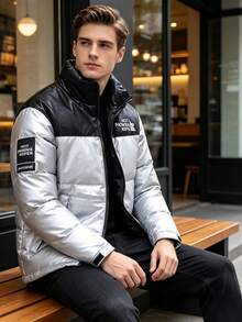 Men's Color Block Stand Collar Thickened Winter Puffer Jacket, Letter Embroidery Zip Up Windproof Thermal Down Alternative Outer Coat - Silver - View 2
