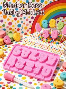 Complete 0-9 Rose Pattern Number Lollipop Silicone Mold 2 Pieces Set, 3D Vintage Carved Birthday Number Chocolate Mold With Dropper, Birthday Number Candy Silicone Baking Pan, Suitable For Birthday Cake Number Toppers, Holiday Celebration Parties, Anniversary Chocolate, Handmade Number Aromatherapy Candles, Cold Process Number Handmade Soap - Multicolor - View 3