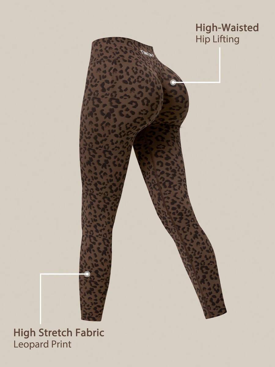 TimeOff Women's 1pc Leopard Print Seamless Tight Fit Sports Leggings - Brown - View 1