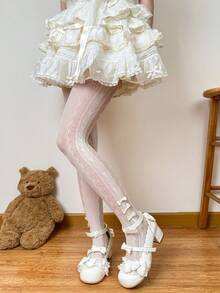 STAR RIVER 1 Pair Lolita Lace Heart Pattern Fishnet Tights, Sweet Minimalist Sexy Cute Bowknot Pantyhose, Versatile For Daily Wear - Multicolor - View 3